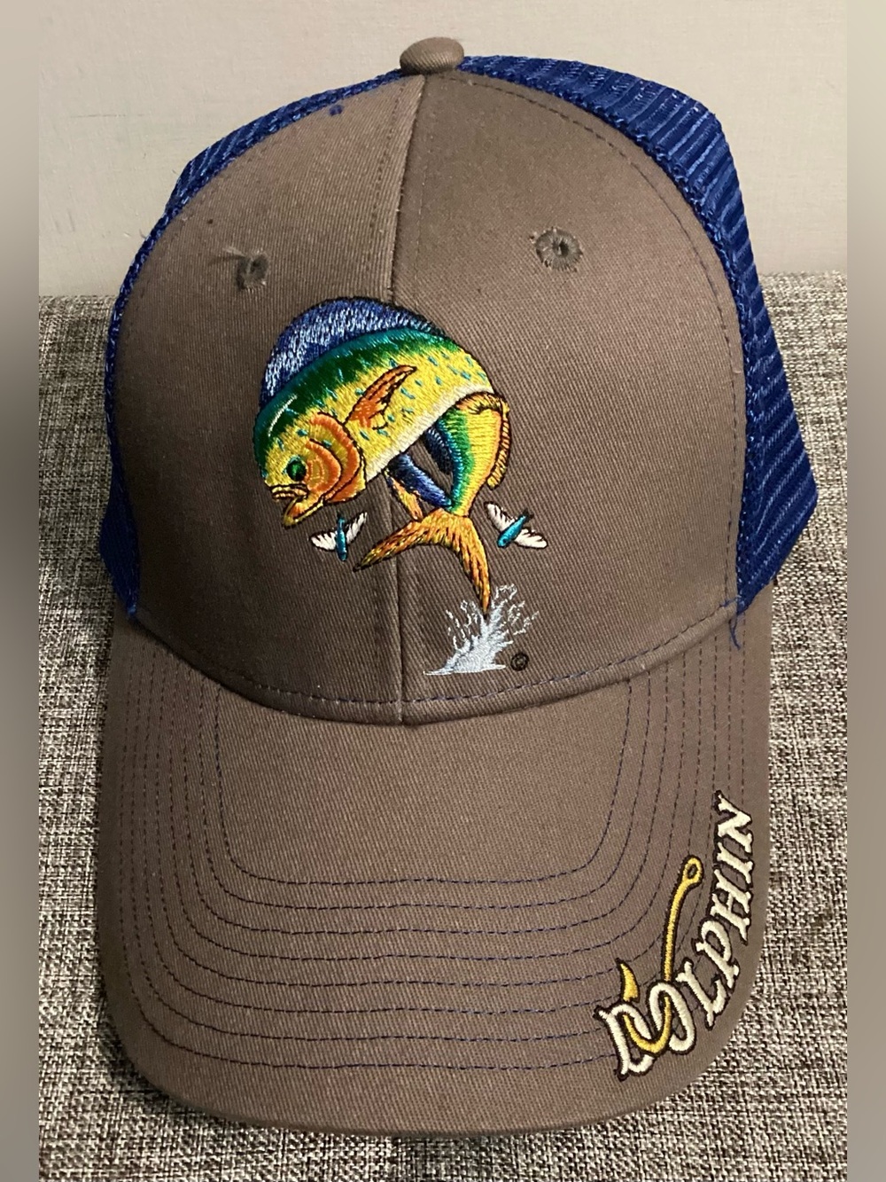 Dolphin Just Hook Em Fly Fishing Mens Adj Embroidered Fish Ball Cap